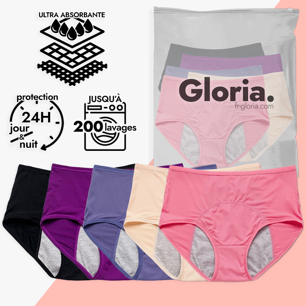 Pack de 5 culottes anti-fuites Gloria avec protection ultra-absorbante 24h/24, technologie anti-odeur, jusqu'à 200 lavages pour une durabilité et une efficacité optimale.